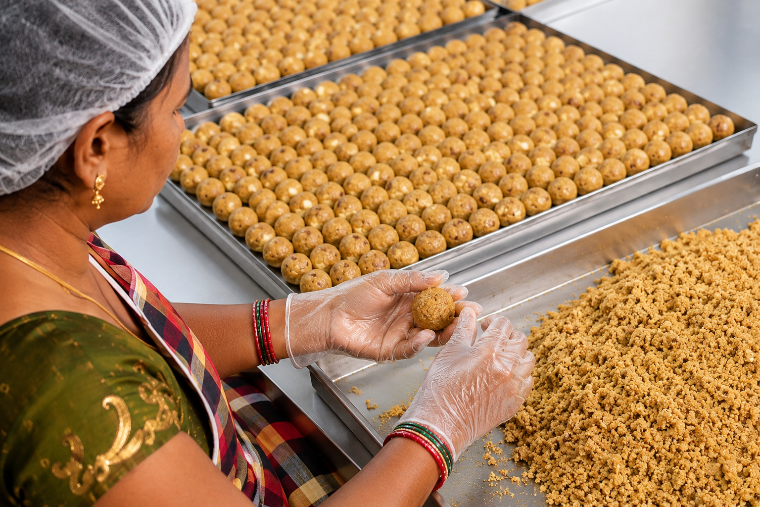 Women making laddus at Bela Group